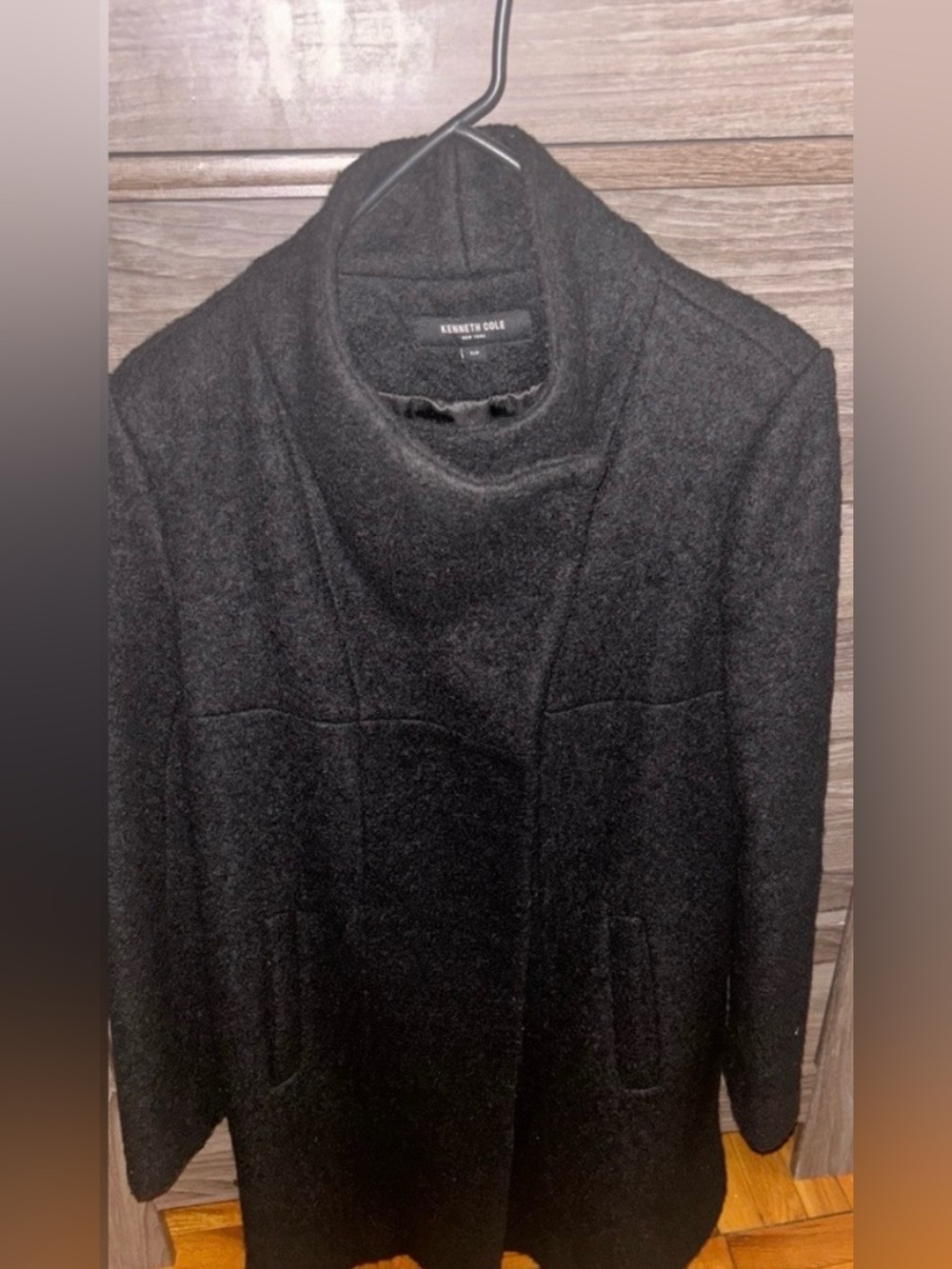 Kenneth Cole Black Wool Pea Coat with Stand Collar